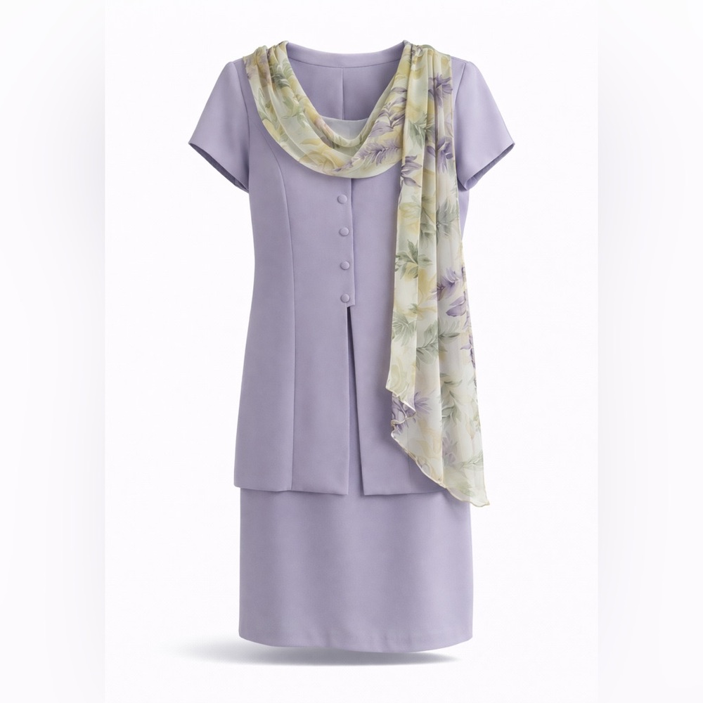 Elegant Lavender Dress with Floral Scarf